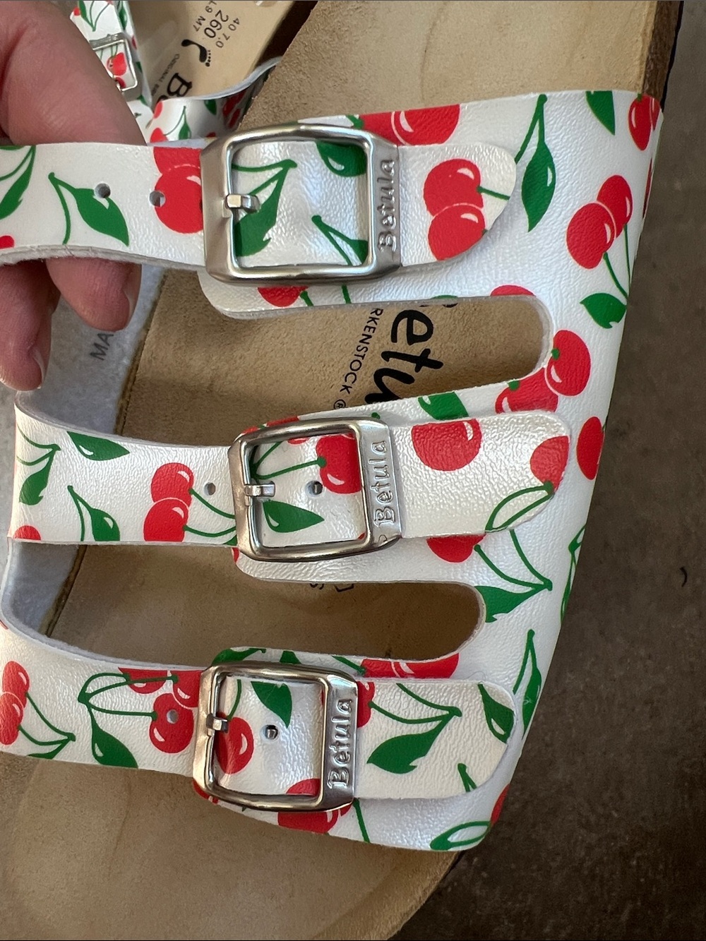 Women’s Betula by Birkenstock Triple-Strap Cherry Print Sandals - White/Red - Picture 7 of 10